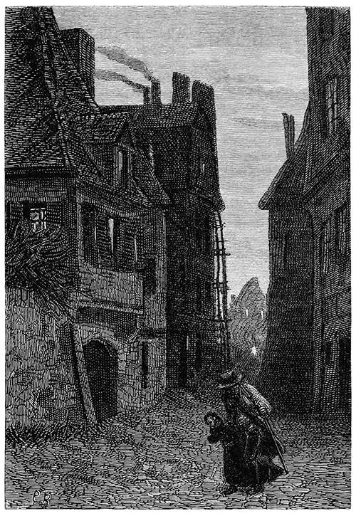 Illustration from Les Miserables of two people walking through a city street.
