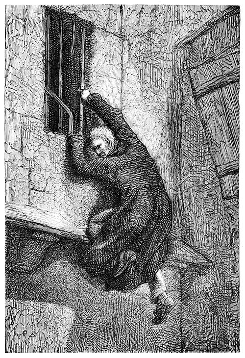 An illustration from Les Miserables of a man climbing out of a prison window.
