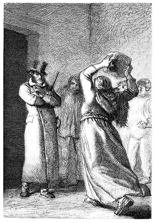 An illustration from Les Miserables of a woman attacking a man with a stone.