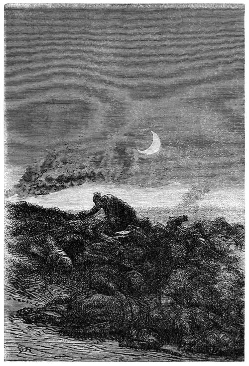 An illustration from Les Miserables of a man rising from a battlefield at night time.