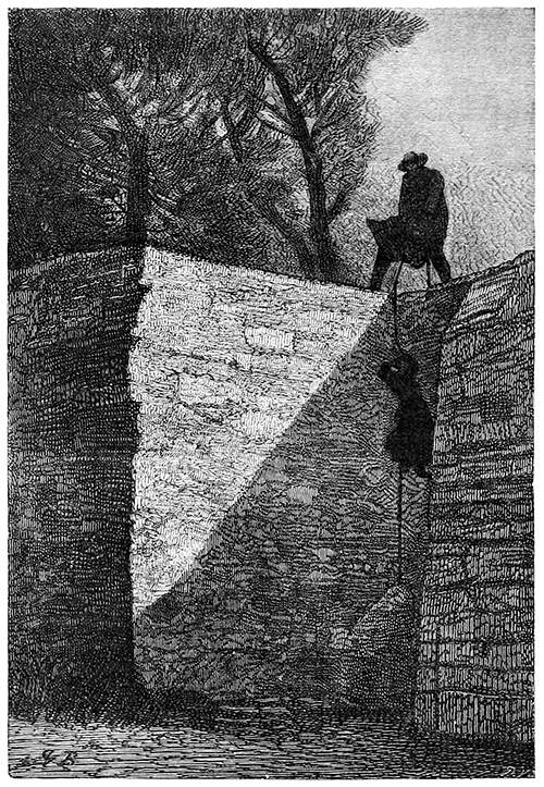 An illustration from Les Miserables of a man scaling a stone wall.